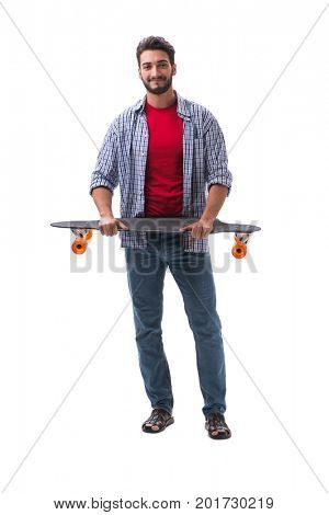 Young skateboarder with a longboard skateboard isolated on white
