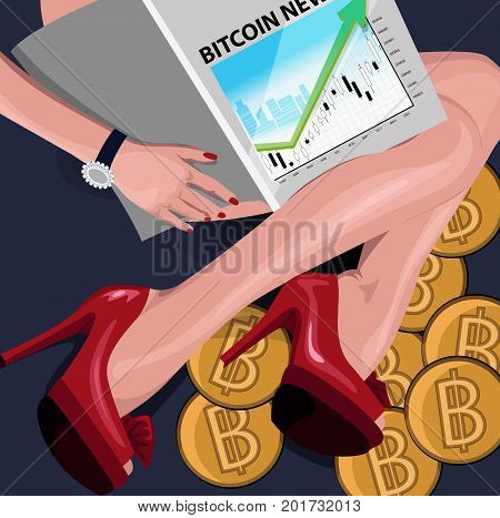 The rich girl sits on bitcoins with a financial magazine Conceptual illustration, clip art