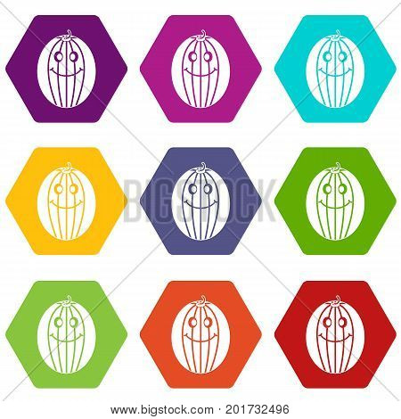 Ripe smiling melon icon set many color hexahedron isolated on white vector illustration
