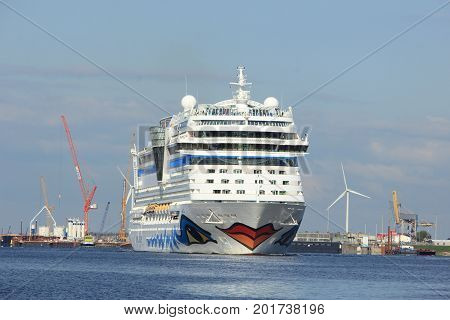 Velsen the Netherlands -April 19th 2017: Aida Sol on North Sea Canal on it's way to the Amsterdam Cruise Terminal