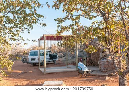 HOADA NAMIBIA - JUNE 27 2017: A campsite at the Hoada Rest Camp on the C40-road between Kamanjab and Palmwag in the Kunene Region of Namibia