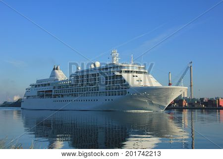 Velsen The Netherlands - June 18th 2017: Silver Whisper- Silversea Cruises on North Sea Channel towards Amsterdam Cruise terminal