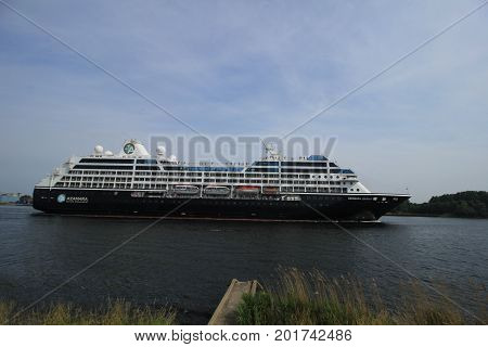 Velsen The Netherlands - June 20th 2017: Azamara Journey - Azamara Club Cruises on North Sea Channel towards Amsterdam Cruise terminal