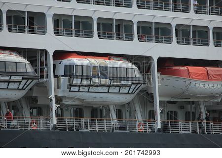 Velsen The Netherlands - June 20th 2017: Azamara Journey - Azamara Club Cruises on North Sea Channel detail of lifeboats