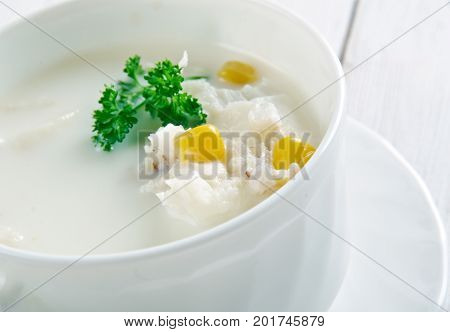 Thick smoked- haddock chowder,  close up meal