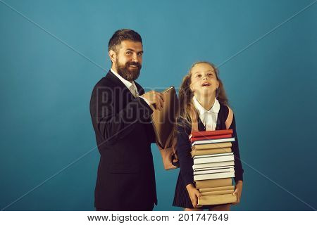 Girl In Uniform And Bearded Man. Kid And Tutor