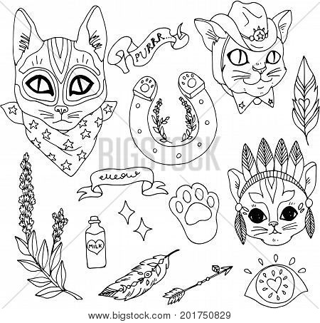 Set of wetern patches elements. Set of stickers, pins, patches and handwritten notes collection in cartoon 80s-90s comic style.Cats as a bandit, sheriff and Indians and other