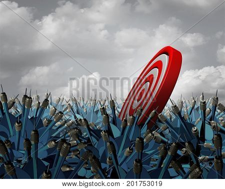 Lost at sea strategic crisis and strategy trouble concept as a target floating aimlessly in an ocean of confused blue darts as a business metaphor for economic or corporate plan despair as a 3D illustration.