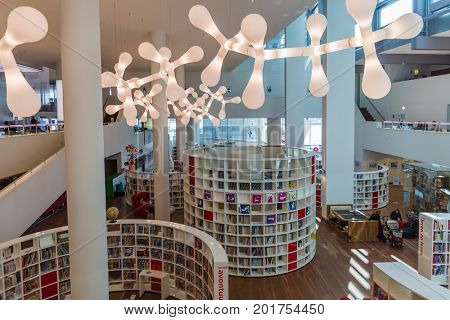 AMSTERDAM NETHERLANDS - APRIL 25, 2017: Interior of Central Public Library on April 25, 2017 in Amsterdam Netherlands.