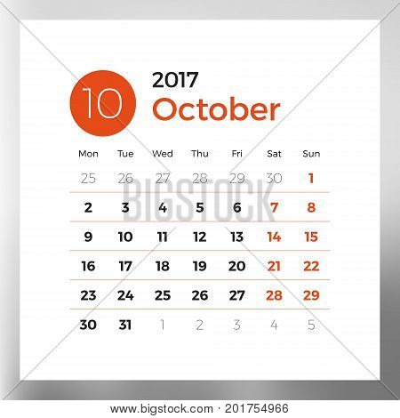 Calendar planner template for October 2017. Week starts on Monday. Design print vector template isolated on color background