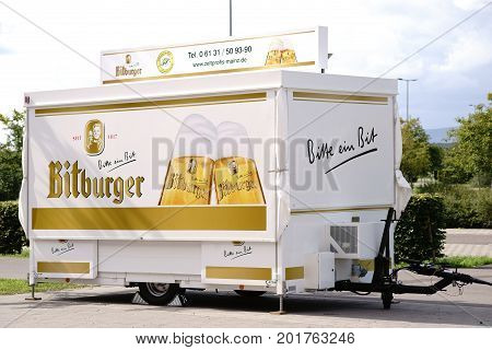 MAINZ, GERMANY - AUGUST 20: A stall and trailer for Bitburger Brewery specialties on a forecourt of a football stadium on August 20, 2017 Mainz.