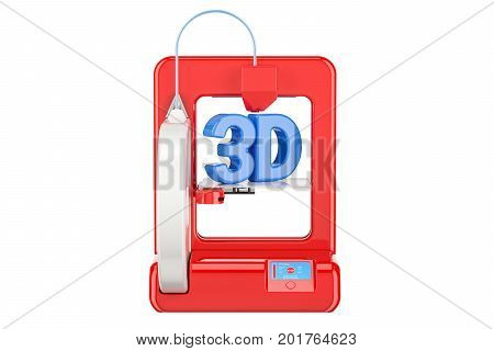 Modern red 3D printer 3D rendering isolated on white background
