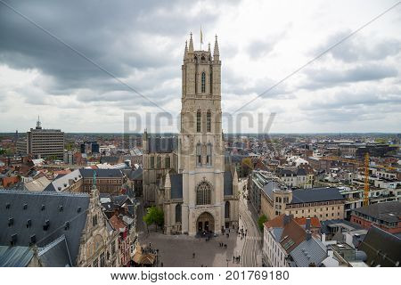 Ghent, Belgium - April 16, 2017: Saint Bavo Cathedral or Sint-Baafskathedraal, aerial view from Belfry. Ghent, Belgium