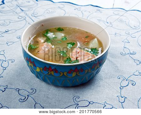 balik shurpa - Uzbek fish soup. close up meal