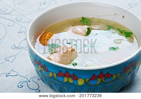 balik shurpa - Uzbek fish soup.  close up   homemade  meal