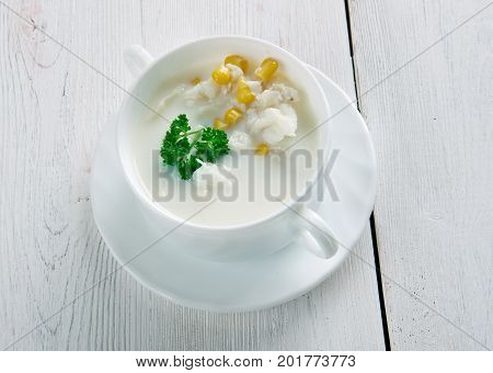 Thick smoked-haddock chowder  close up   homemade  healthy, meal