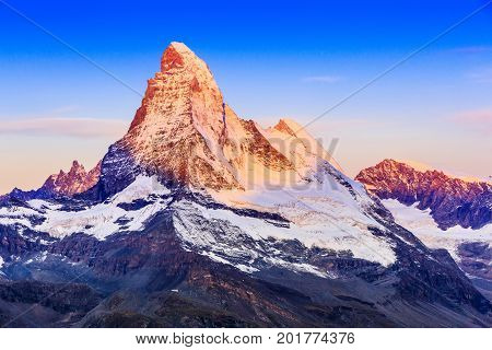 Zermatt Switzerland. East and north faces of the Matterhorn at sunrise.