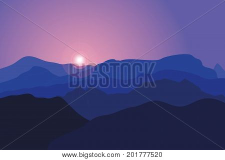 Mountains at sunrise. Vector background with a landscape of blue hills and rocks.