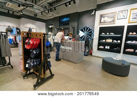 SAINT PETERSBURG, RUSSIA - CIRCA AUGUST, 2017: inside Reebok Classic store. Reebok Classic is a lifestyle shoe brand that consists of athletic shoes that became popular casual wear.