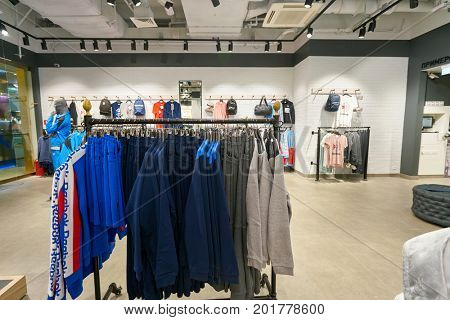 SAINT PETERSBURG, RUSSIA - CIRCA AUGUST, 2017: inside Reebok Classic store. Reebok Classic is a lifestyle shoe brand that consists of athletic shoes that became popular casual wear.