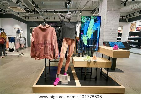 SAINT PETERSBURG, RUSSIA - CIRCA AUGUST, 2017: inside Reebok Classic store. Reebok Classic is a lifestyle shoe brand that consists of athletic shoes that became popular casual wear.