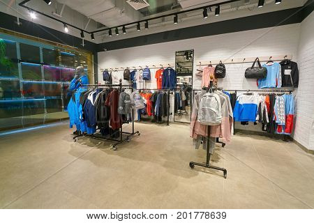 SAINT PETERSBURG, RUSSIA - CIRCA AUGUST, 2017: inside Reebok Classic store. Reebok Classic is a lifestyle shoe brand that consists of athletic shoes that became popular casual wear.