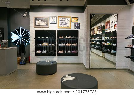 SAINT PETERSBURG, RUSSIA - CIRCA AUGUST, 2017: inside Reebok Classic store. Reebok Classic is a lifestyle shoe brand that consists of athletic shoes that became popular casual wear.