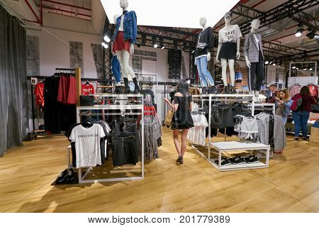 SAINT PETERSBURG, RUSSIA - CIRCA AUGUST, 2017: Bershka store at Galeria shopping center. Bershka is a retailer and part of the Spanish Inditex group