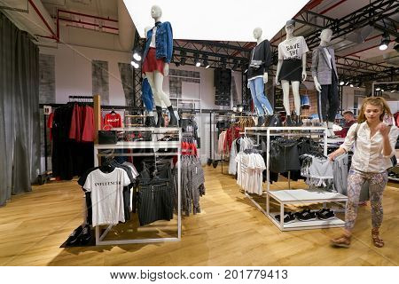 SAINT PETERSBURG, RUSSIA - CIRCA AUGUST, 2017: Bershka store at Galeria shopping center. Bershka is a retailer and part of the Spanish Inditex group