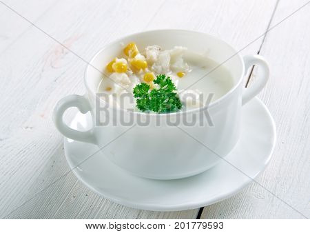 Thick smoked- haddock chowder close up meal