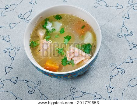 balik shurpa - Uzbek fish soup. close up meal