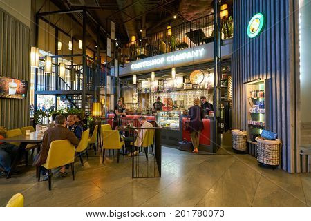 SAINT PETERSBURG, RUSSIA - CIRCA AUGUST, 2017: a coffee shop at Galeria shopping center. Galeria is major shopping and entertainment center is located in downtown of St. Petersburg