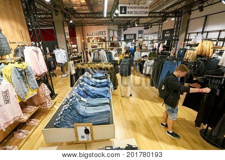 SAINT PETERSBURG, RUSSIA - CIRCA AUGUST, 2017: Bershka store at Galeria shopping center. Bershka is a retailer and part of the Spanish Inditex group