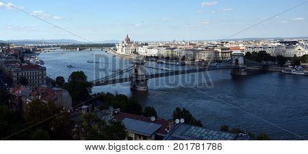 City of Budapest (Chain Bridge Hungarian Parliament House) - View from Fisherman's Bastion looking northeast along the Danube River Budapest Hungary.