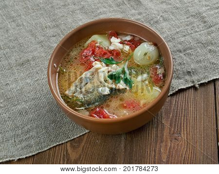 scherba - Russian Cossack fish soup , close up meal