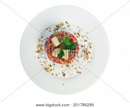 Salad with tomatoes and eggplants cloose up meal