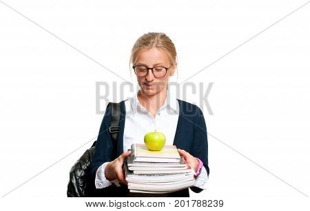 Young student girl holding books high school or college graduand standing isolated on white background. Back to school