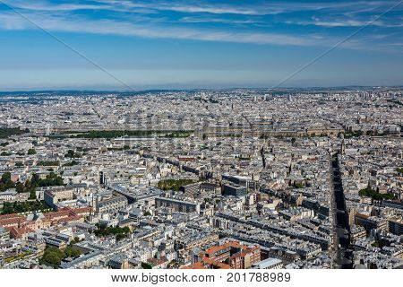 Skyline of Paris from the top of the Montparnasse tower. We can see the Tuileries garden the Madeleine church the basilica of the Secred Heart ...