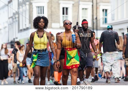 NOTTING HILL CARNIVAL, LONDON, UK - 27 Aug 2017: Unidentified people taking part at Notting Hill carnival, London, UK