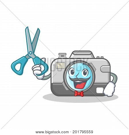 Barber photo camera character cartoon vector illustration