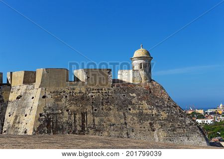 Observation tower on the top of San Felipe de Barajas fortress in Cartagena Colombia. Historic fortress locates on the hill overlooking old walled city.
