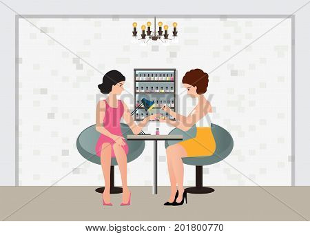 Professional woman doing a manicure applying pink nail polish with nail polish at the spa and beauty salon Manicure service vector illustration.