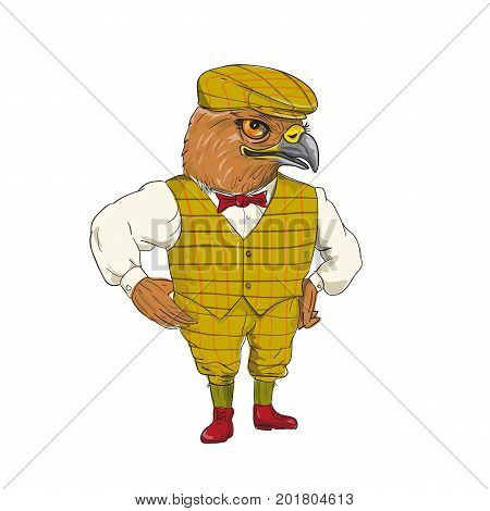 Drawing sketch style illustration of a Hawk English Outdoorsman wearing cheese cutter hat cap vest bow tie with hands on hips done in cartoon style.