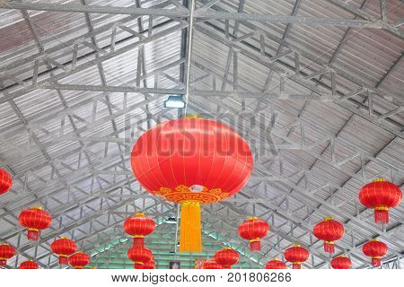 Many Chinese red paper lantern or lamp decoration as ceiling