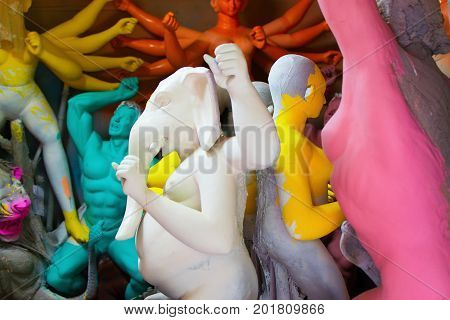 KOLKATA WEST BENGAL INDIA - 25 SEPTEMBER 2016 : Beautiful fresh painted clay idol of Lord Ganesha at Kumartuli as preparation for 