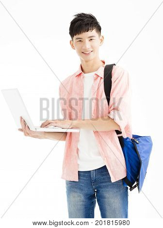 asian young man student holding laptop isolated