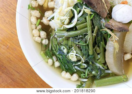Vietnamse Noodle Soup, Served With Fresh Herbs At The Buddhist Eatery, Radish, Morning Glory, Shiita