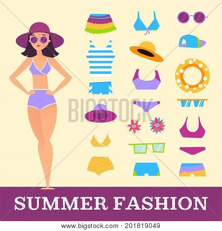 Beach fashion. Girl and miscellaneous clothes accessories. Cartoon style woman fashion clothing illustration vector
