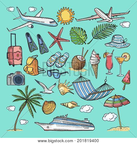 Different hand drawn coloring summer icons set. Tropical illustrations. Slippers, cocktail, bikini and other vacation ellements. Ice cream and camera, travel tropical with cocktail and beach