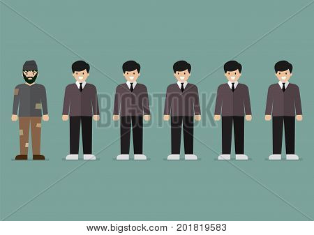 Group of rich men and homeless man character. Vector illustration